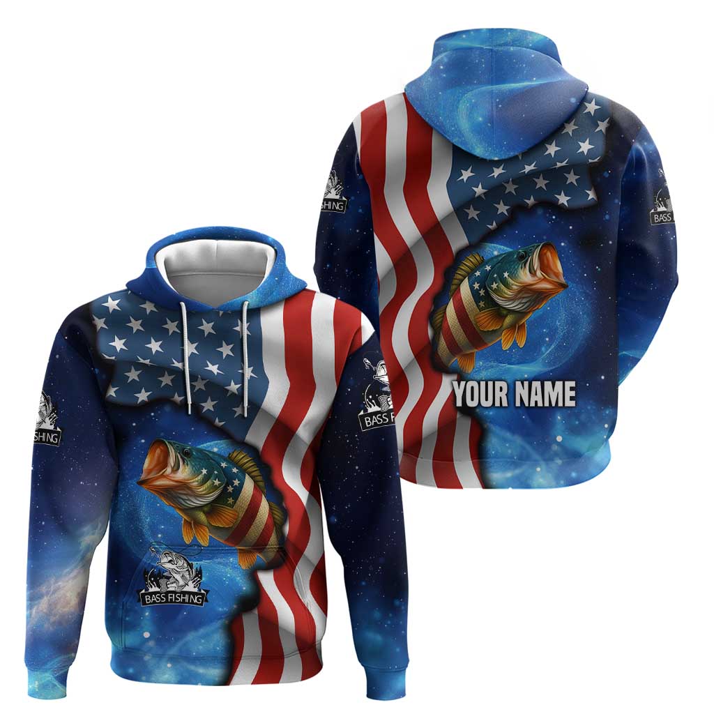 American Flag Bass Fishing Graphic Hoodie Patriotic Fish and Starry Galaxy Background - Wonder Print Shop