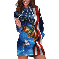American Flag Bass Fishing Graphic Hoodie Dress Patriotic Fish and Starry Galaxy Background - Wonder Print Shop