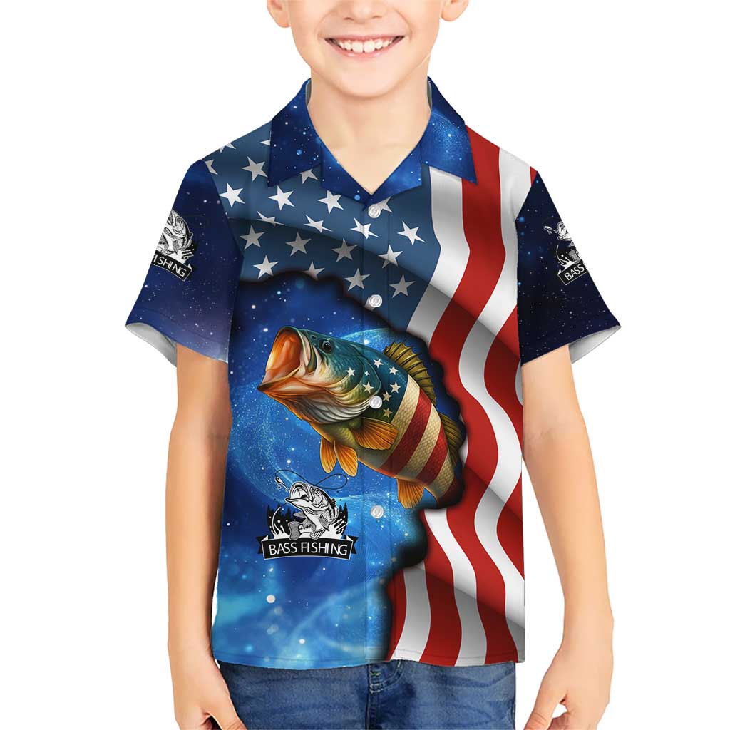 American Flag Bass Fishing Graphic Kid Hawaiian Shirt Patriotic Fish and Starry Galaxy Background - Wonder Print Shop