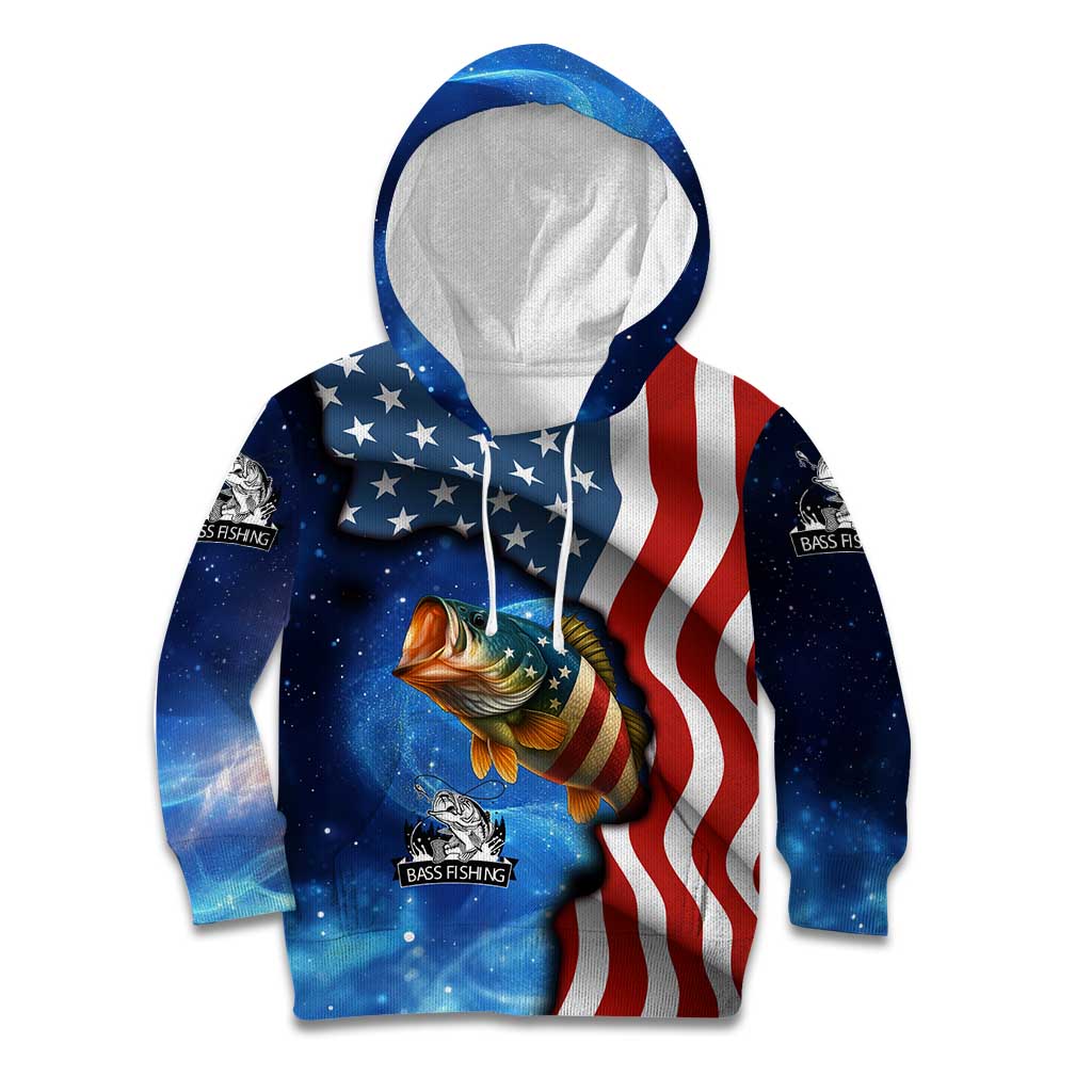 American Flag Bass Fishing Graphic Kid Hoodie Patriotic Fish and Starry Galaxy Background - Wonder Print Shop