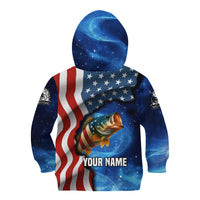 American Flag Bass Fishing Graphic Kid Hoodie Patriotic Fish and Starry Galaxy Background - Wonder Print Shop