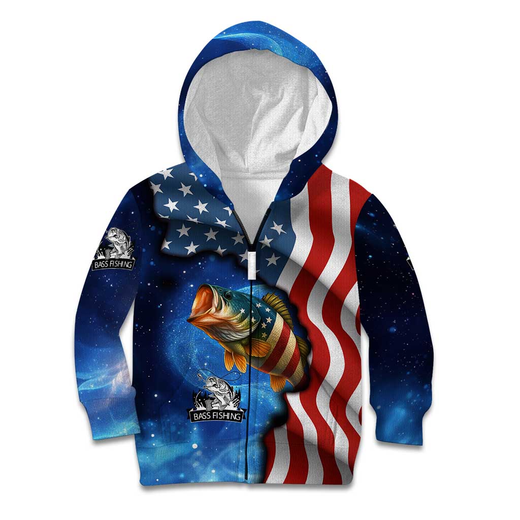 American Flag Bass Fishing Graphic Kid Hoodie Patriotic Fish and Starry Galaxy Background - Wonder Print Shop