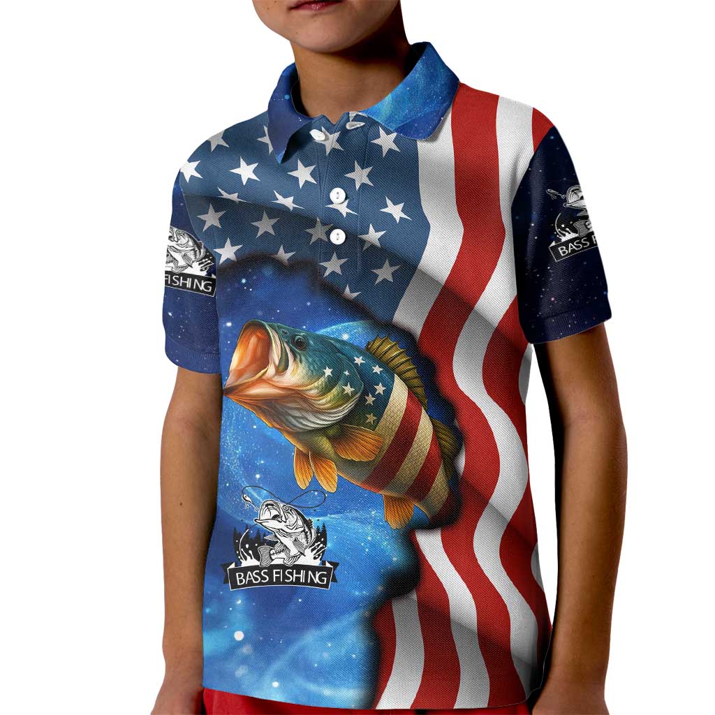American Flag Bass Fishing Graphic Kid Polo Shirt Patriotic Fish and Starry Galaxy Background - Wonder Print Shop