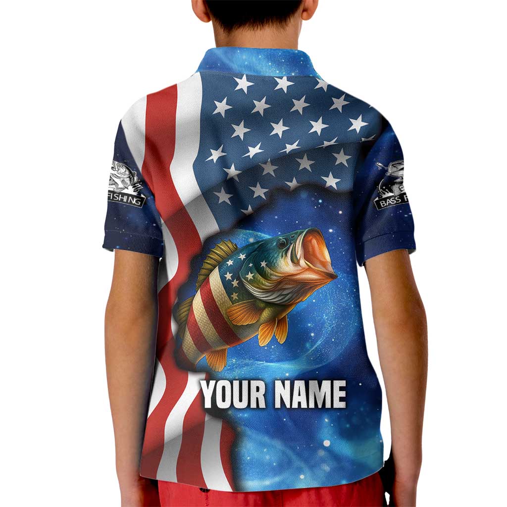 American Flag Bass Fishing Graphic Kid Polo Shirt Patriotic Fish and Starry Galaxy Background - Wonder Print Shop