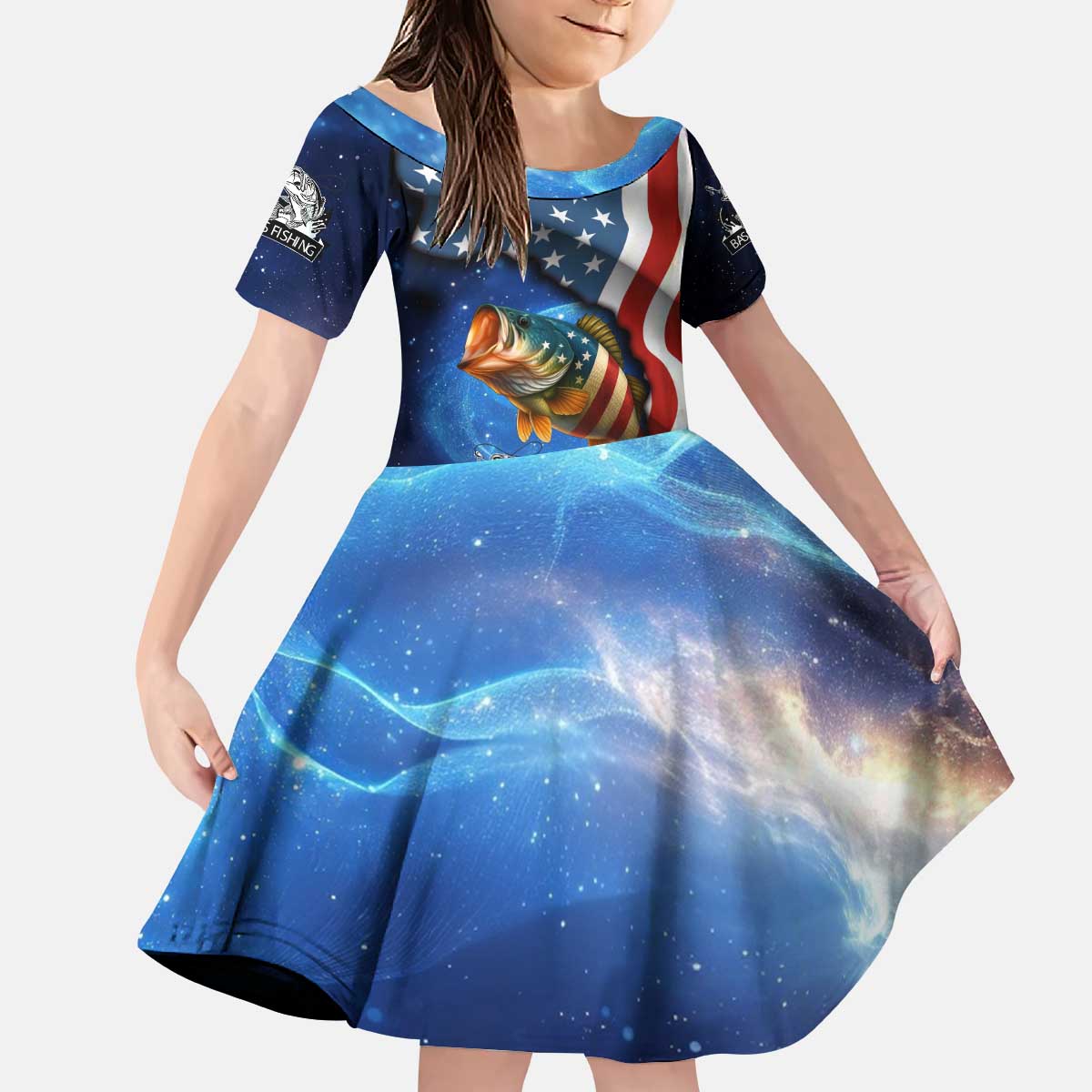American Flag Bass Fishing Graphic Kid Short Sleeve Dress Patriotic Fish and Starry Galaxy Background - Wonder Print Shop