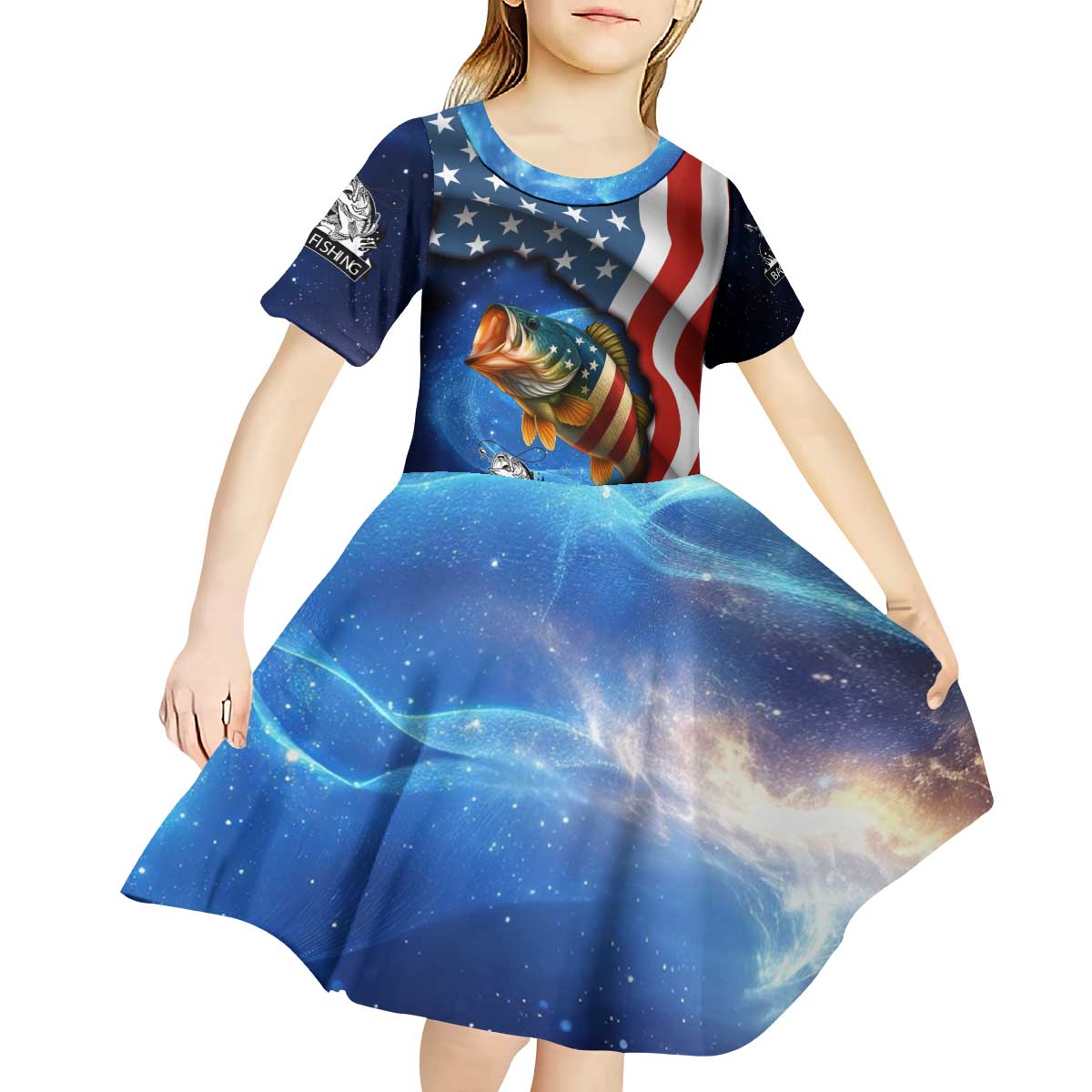 American Flag Bass Fishing Graphic Kid Short Sleeve Dress Patriotic Fish and Starry Galaxy Background - Wonder Print Shop