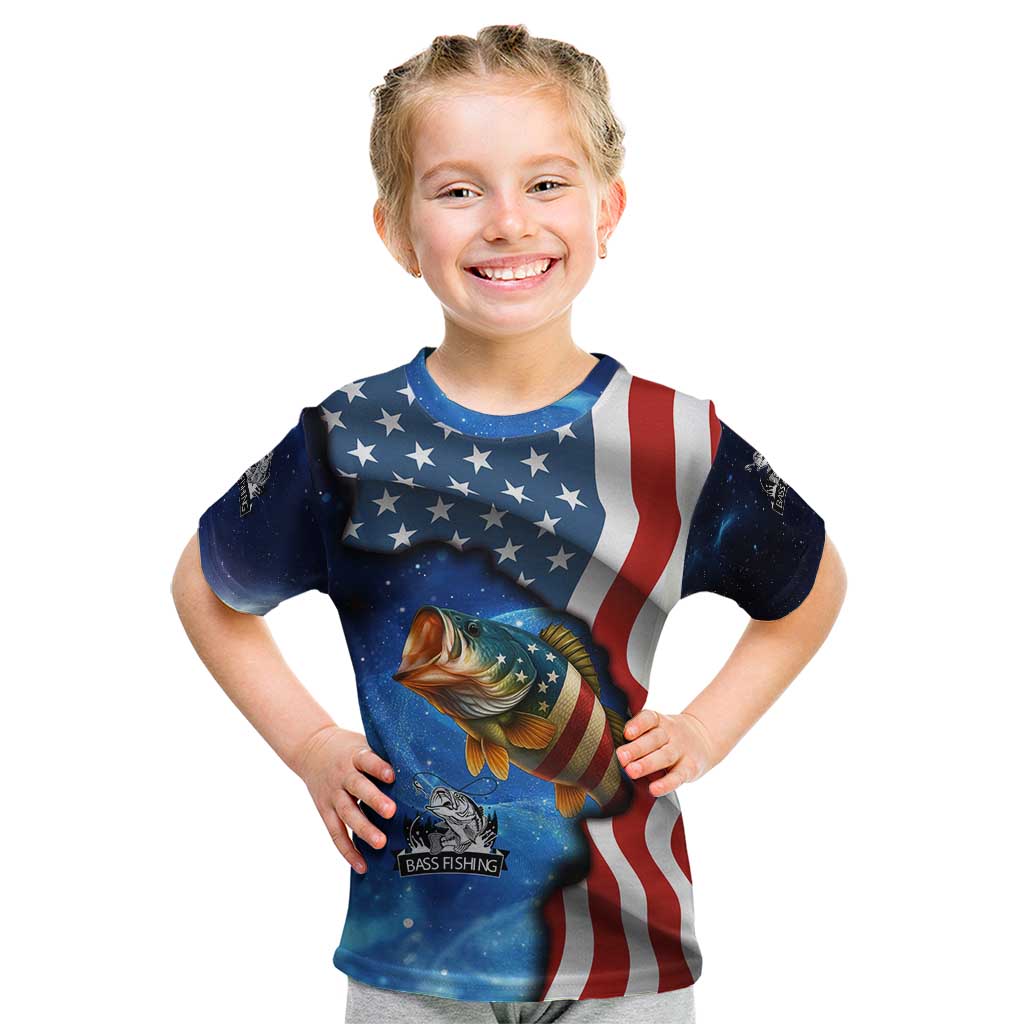 American Flag Bass Fishing Graphic Kid T Shirt Patriotic Fish and Starry Galaxy Background - Wonder Print Shop