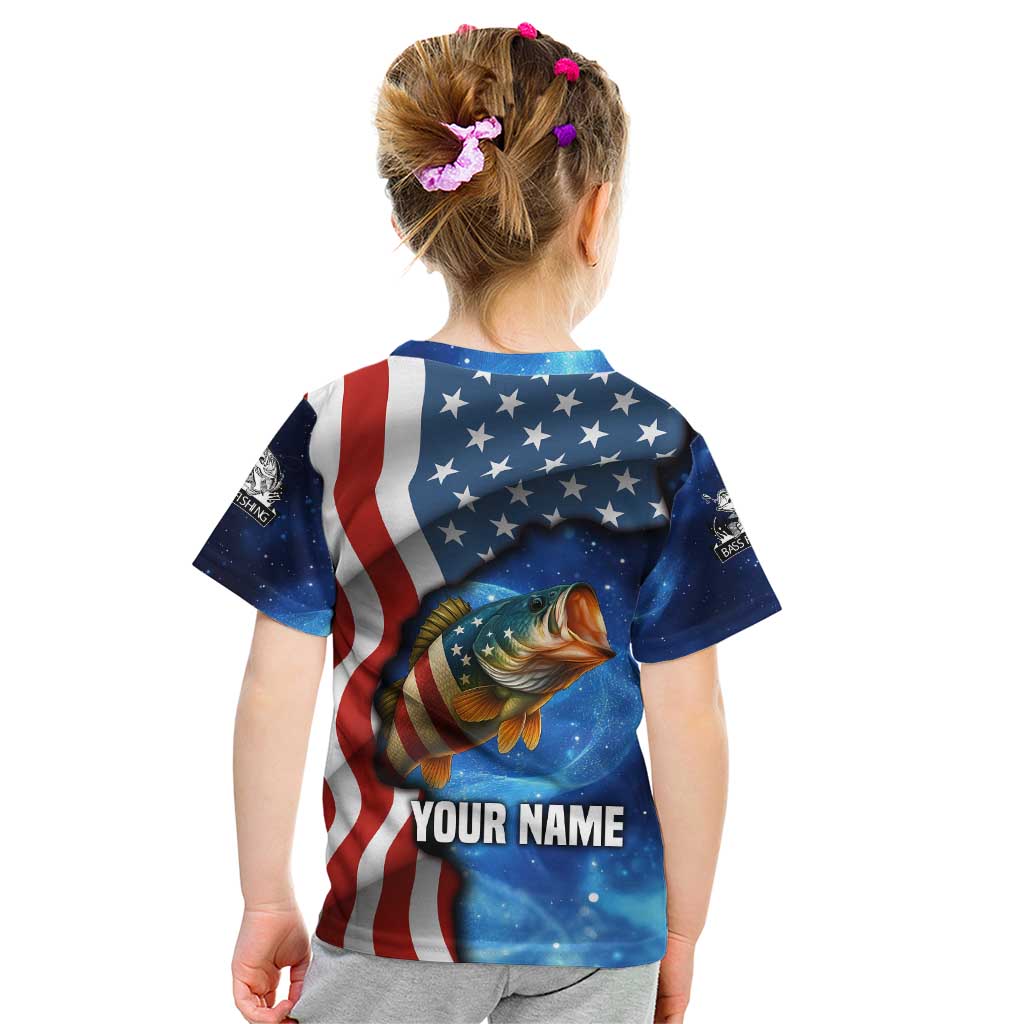 American Flag Bass Fishing Graphic Kid T Shirt Patriotic Fish and Starry Galaxy Background - Wonder Print Shop