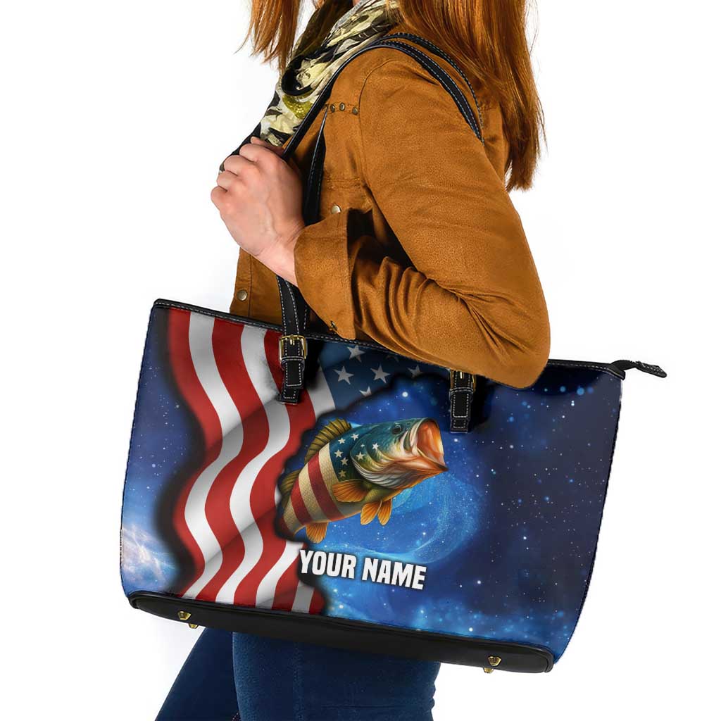 American Flag Bass Fishing Graphic Leather Tote Bag Patriotic Fish and Starry Galaxy Background - Wonder Print Shop