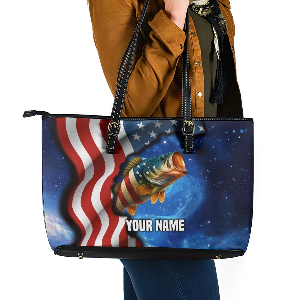 American Flag Bass Fishing Graphic Leather Tote Bag Patriotic Fish and Starry Galaxy Background - Wonder Print Shop