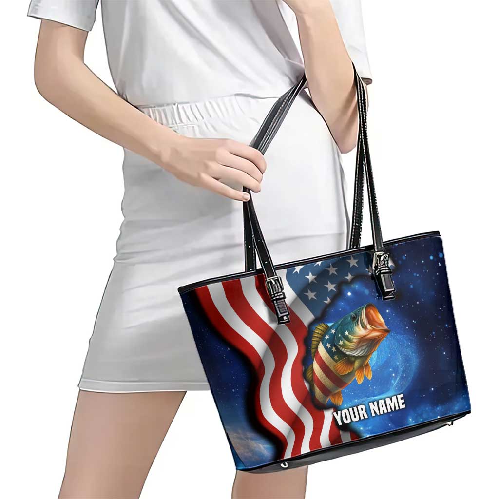 American Flag Bass Fishing Graphic Leather Tote Bag Patriotic Fish and Starry Galaxy Background - Wonder Print Shop