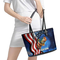 American Flag Bass Fishing Graphic Leather Tote Bag Patriotic Fish and Starry Galaxy Background - Wonder Print Shop