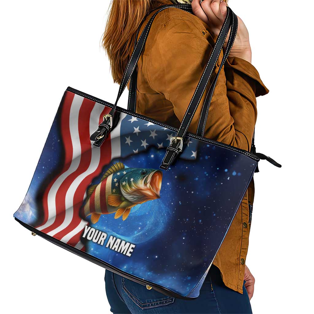 American Flag Bass Fishing Graphic Leather Tote Bag Patriotic Fish and Starry Galaxy Background - Wonder Print Shop