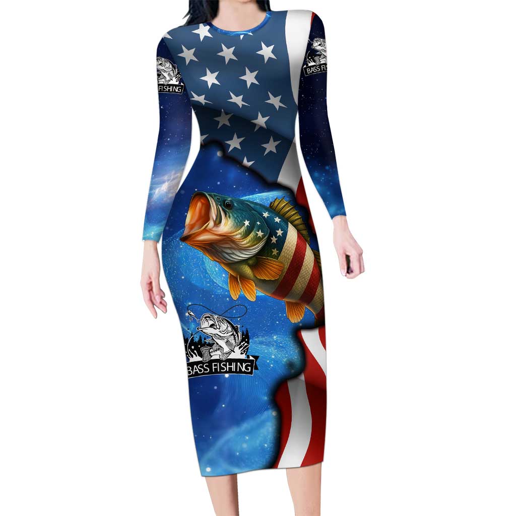 American Flag Bass Fishing Graphic Long Sleeve Bodycon Dress Patriotic Fish and Starry Galaxy Background - Wonder Print Shop
