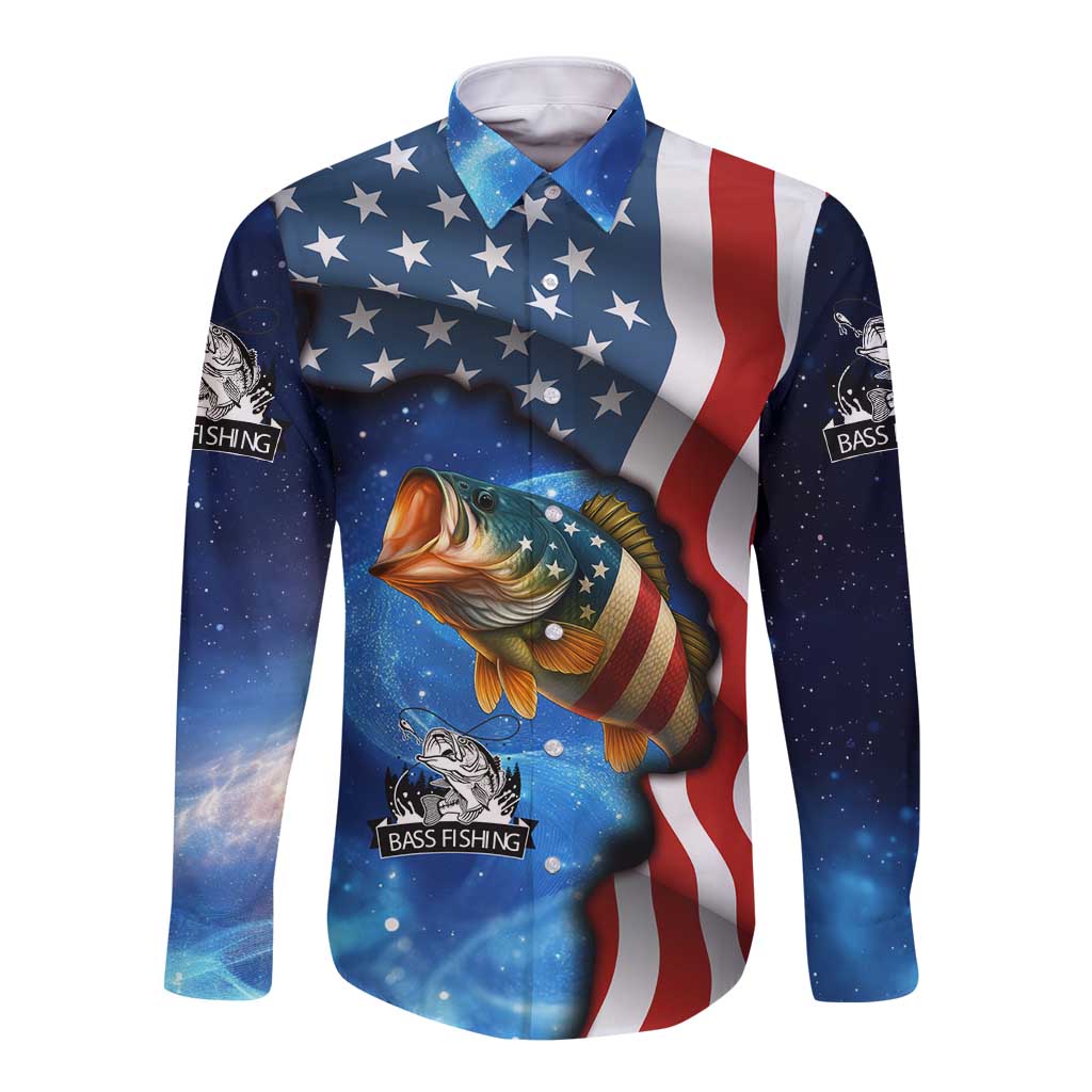 American Flag Bass Fishing Graphic Long Sleeve Button Shirt Patriotic Fish and Starry Galaxy Background - Wonder Print Shop