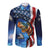American Flag Bass Fishing Graphic Long Sleeve Button Shirt Patriotic Fish and Starry Galaxy Background - Wonder Print Shop