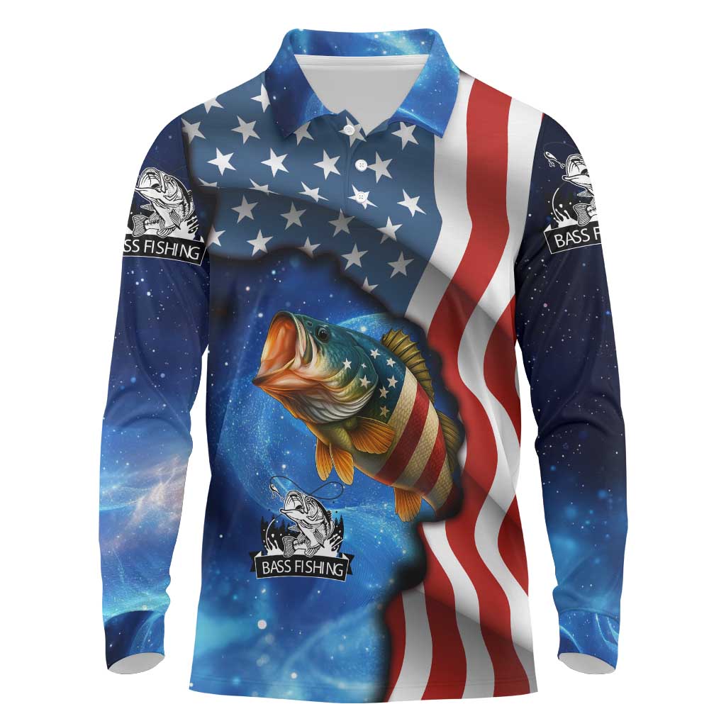 American Flag Bass Fishing Graphic Long Sleeve Polo Shirt Patriotic Fish and Starry Galaxy Background - Wonder Print Shop