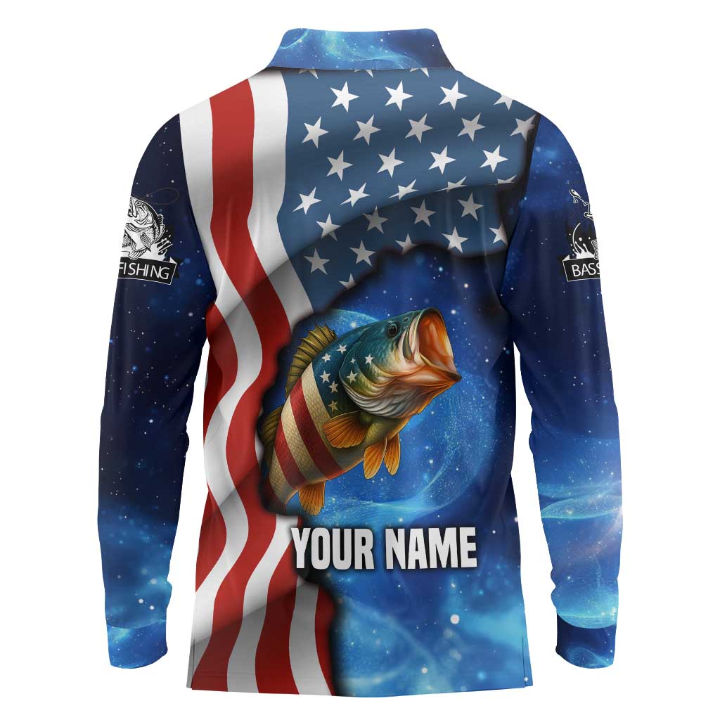 American Flag Bass Fishing Graphic Long Sleeve Polo Shirt Patriotic Fish and Starry Galaxy Background - Wonder Print Shop