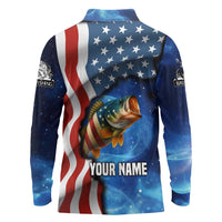 American Flag Bass Fishing Graphic Long Sleeve Polo Shirt Patriotic Fish and Starry Galaxy Background - Wonder Print Shop