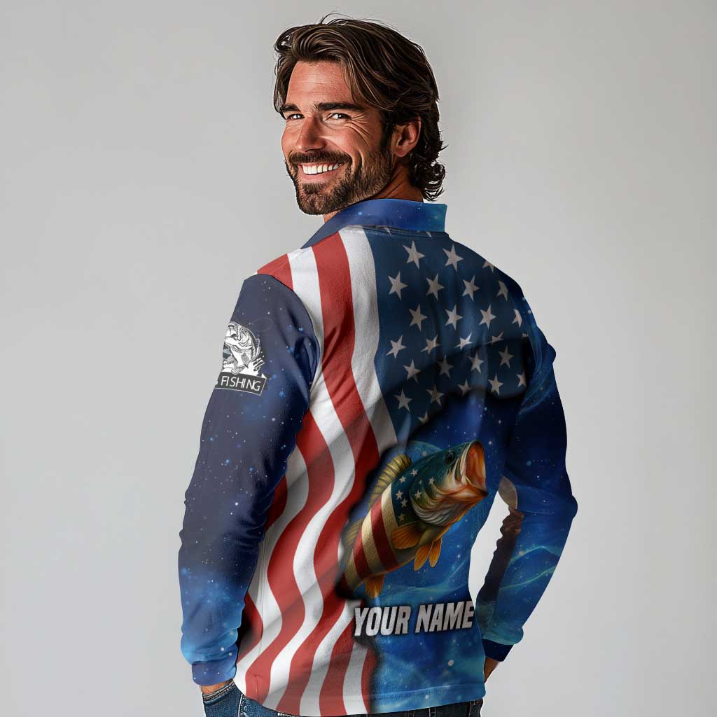 American Flag Bass Fishing Graphic Long Sleeve Polo Shirt Patriotic Fish and Starry Galaxy Background - Wonder Print Shop