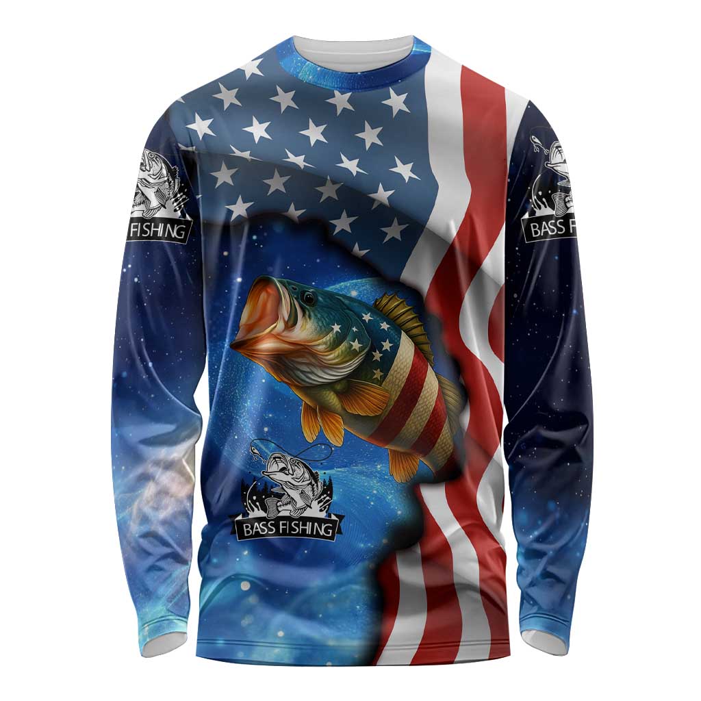 American Flag Bass Fishing Graphic Long Sleeve Shirt Patriotic Fish and Starry Galaxy Background - Wonder Print Shop