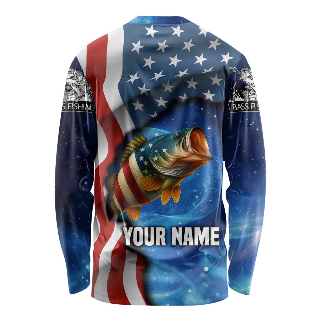 American Flag Bass Fishing Graphic Long Sleeve Shirt Patriotic Fish and Starry Galaxy Background - Wonder Print Shop