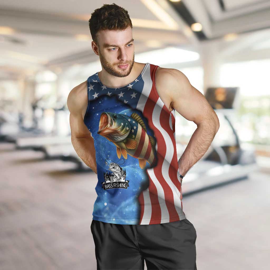 American Flag Bass Fishing Graphic Men Tank Top Patriotic Fish and Starry Galaxy Background - Wonder Print Shop