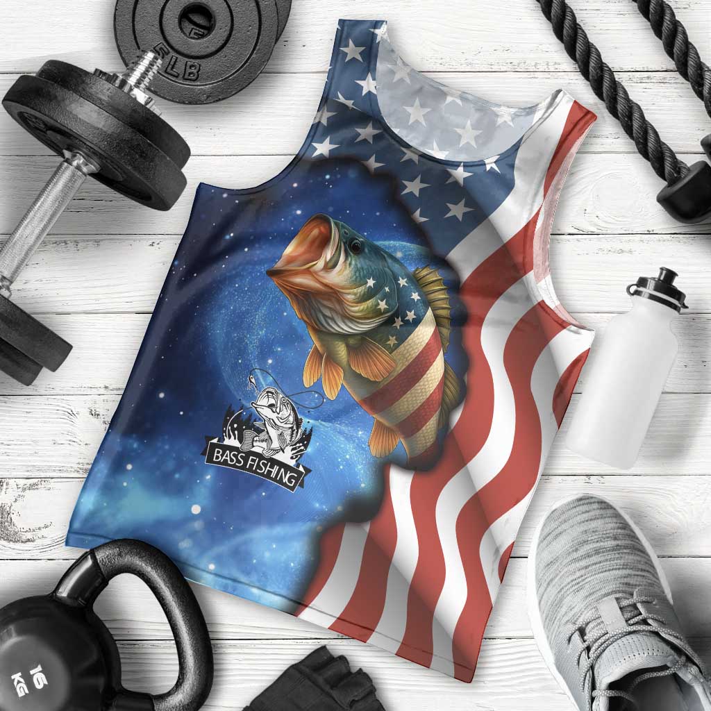 American Flag Bass Fishing Graphic Men Tank Top Patriotic Fish and Starry Galaxy Background - Wonder Print Shop