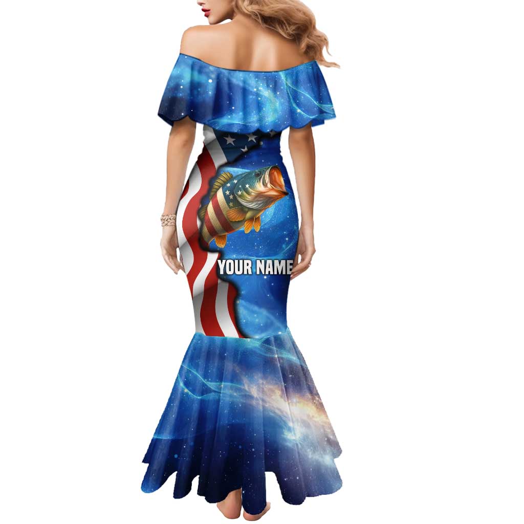 American Flag Bass Fishing Graphic Mermaid Dress Patriotic Fish and Starry Galaxy Background - Wonder Print Shop