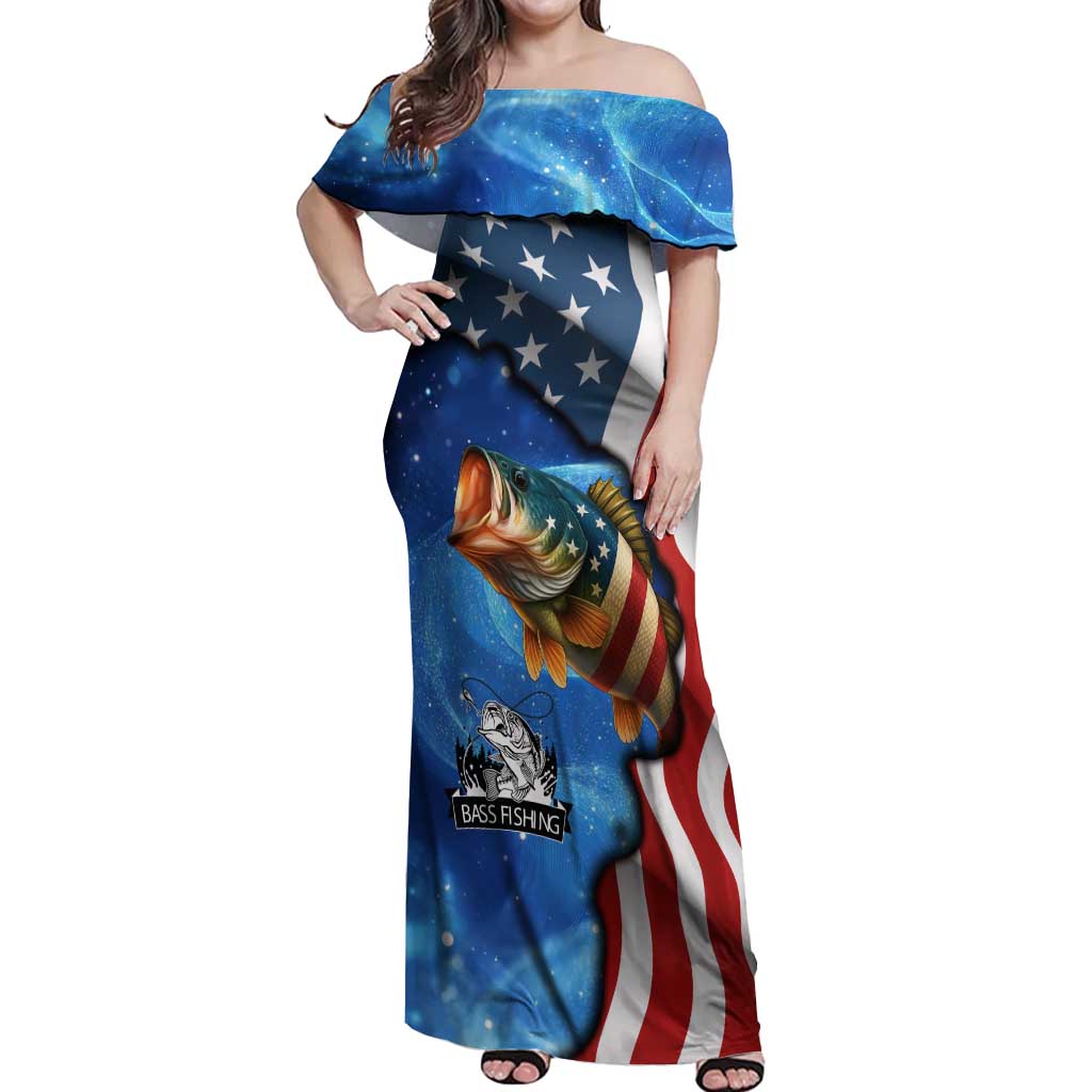 American Flag Bass Fishing Graphic Off Shoulder Maxi Dress Patriotic Fish and Starry Galaxy Background - Wonder Print Shop