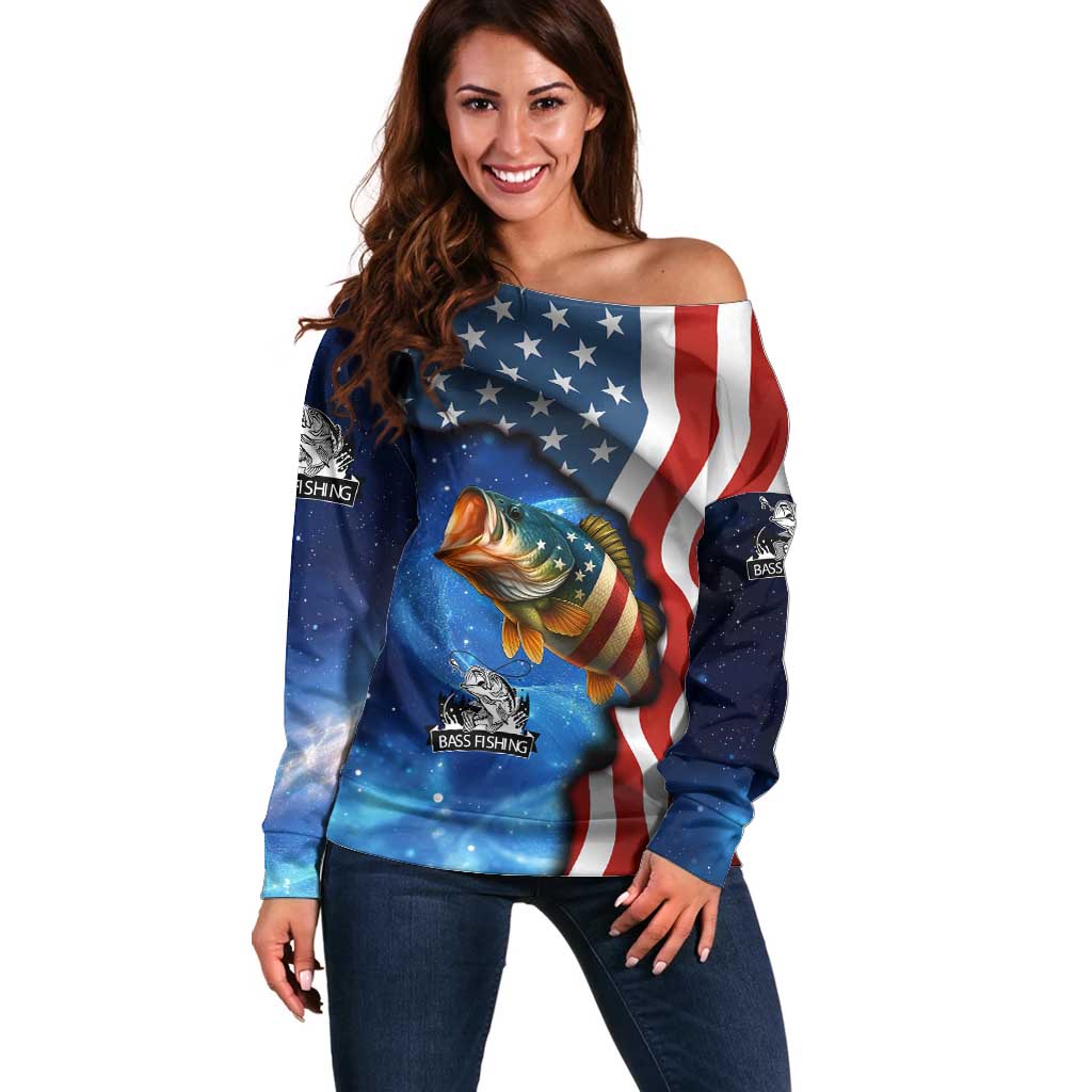 American Flag Bass Fishing Graphic Off Shoulder Sweater Patriotic Fish and Starry Galaxy Background - Wonder Print Shop