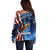 American Flag Bass Fishing Graphic Off Shoulder Sweater Patriotic Fish and Starry Galaxy Background - Wonder Print Shop