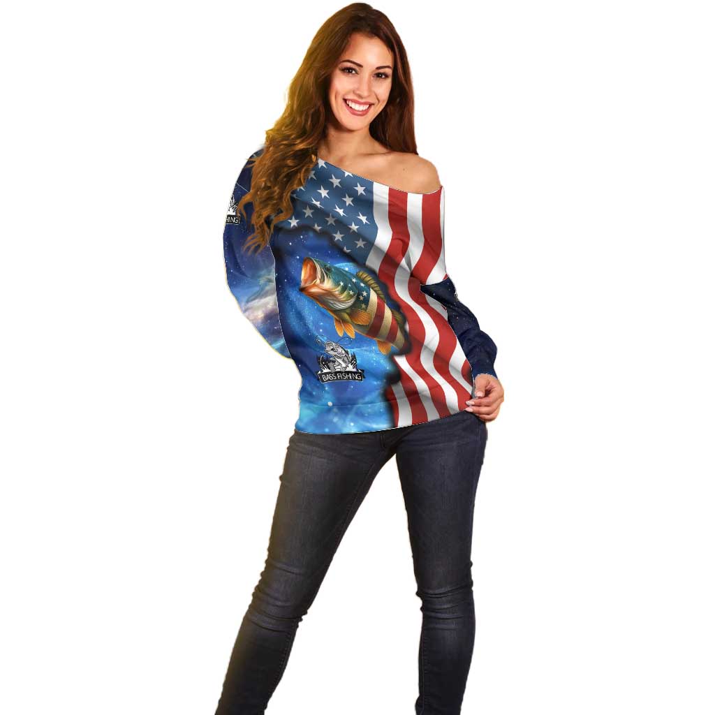 American Flag Bass Fishing Graphic Off Shoulder Sweater Patriotic Fish and Starry Galaxy Background - Wonder Print Shop