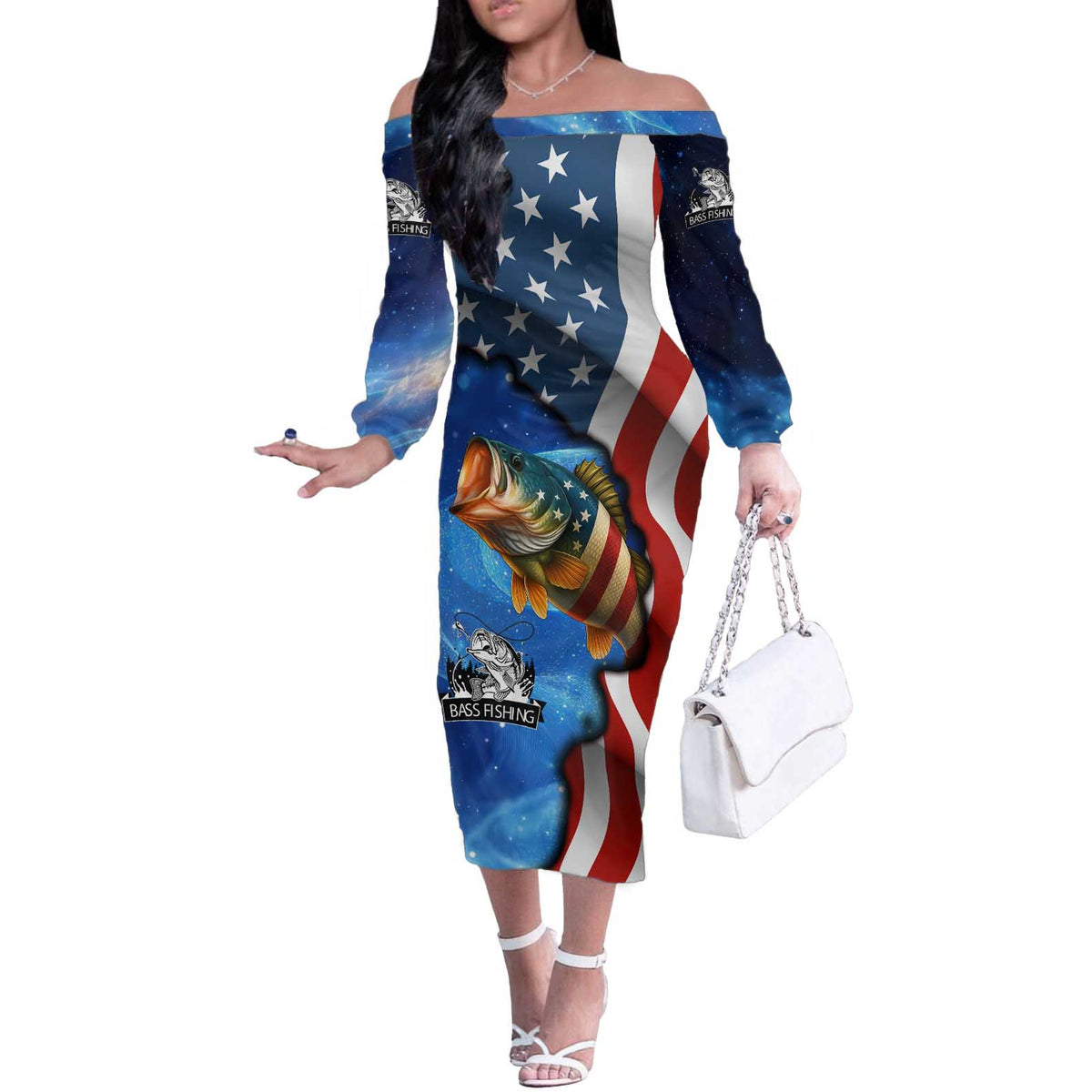 American Flag Bass Fishing Graphic Off The Shoulder Long Sleeve Dress Patriotic Fish and Starry Galaxy Background - Wonder Print Shop