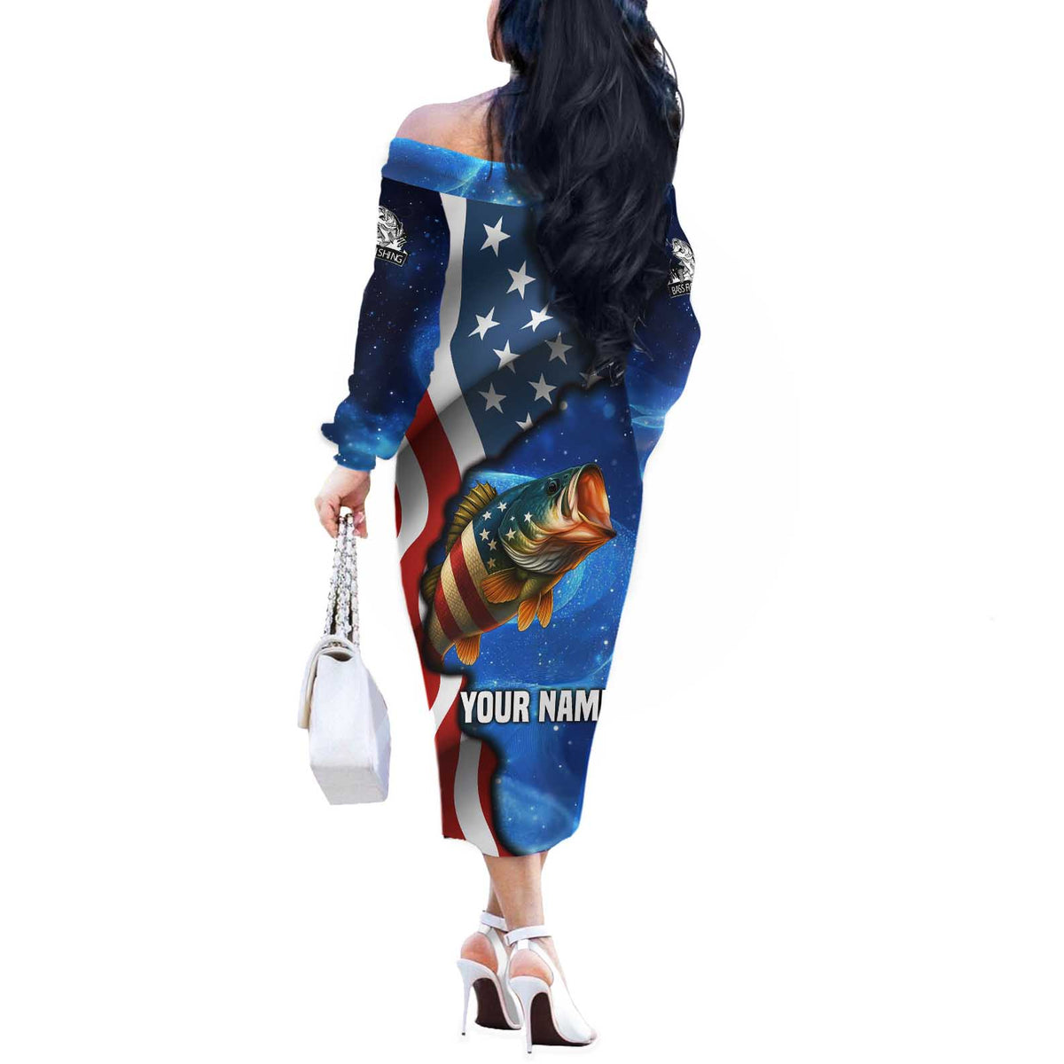 American Flag Bass Fishing Graphic Off The Shoulder Long Sleeve Dress Patriotic Fish and Starry Galaxy Background - Wonder Print Shop