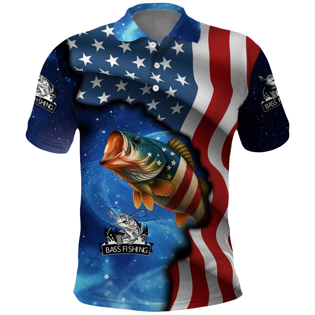 American Flag Bass Fishing Graphic Polo Shirt Patriotic Fish and Starry Galaxy Background - Wonder Print Shop