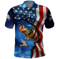American Flag Bass Fishing Graphic Polo Shirt Patriotic Fish and Starry Galaxy Background - Wonder Print Shop