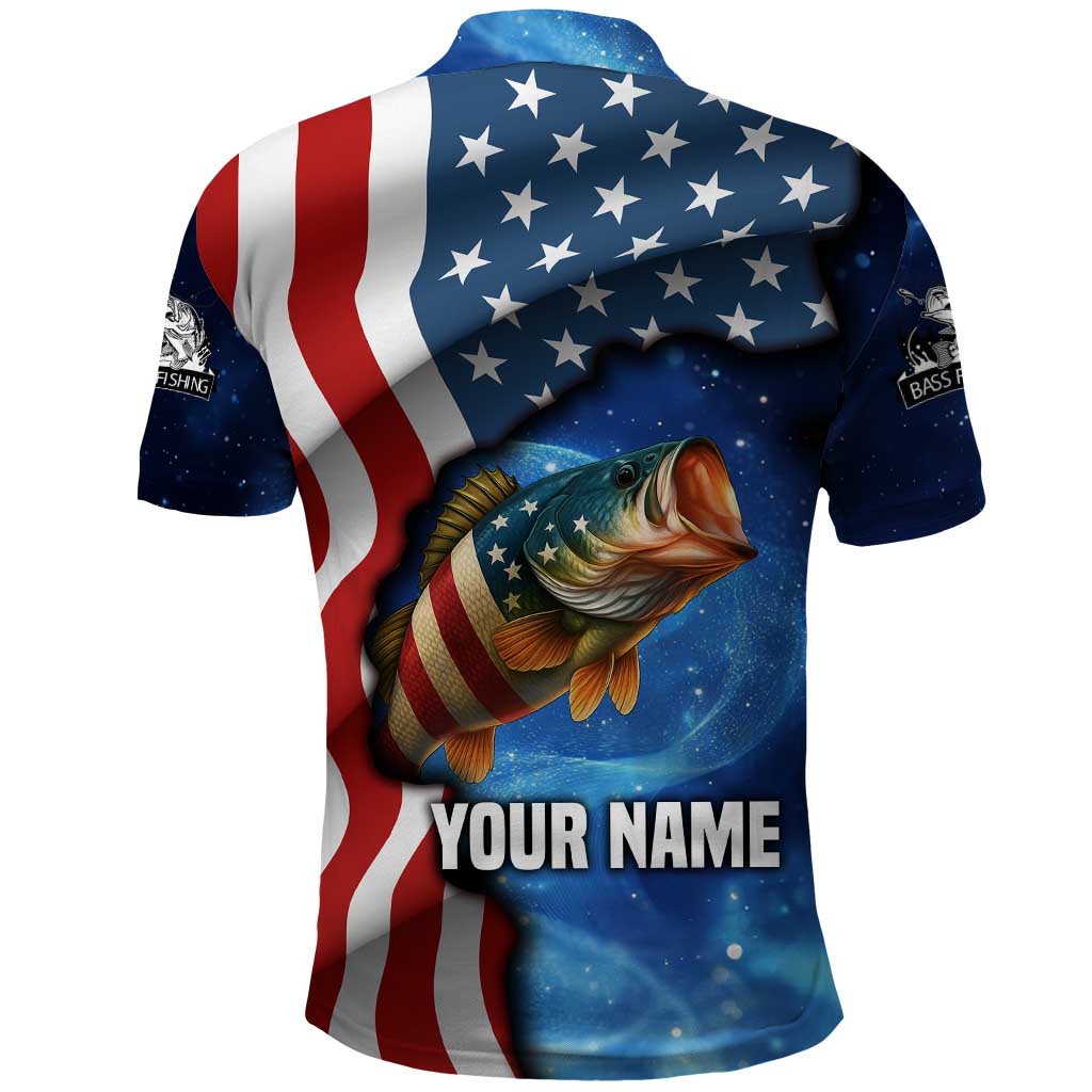 American Flag Bass Fishing Graphic Polo Shirt Patriotic Fish and Starry Galaxy Background - Wonder Print Shop