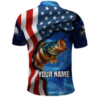 American Flag Bass Fishing Graphic Polo Shirt Patriotic Fish and Starry Galaxy Background - Wonder Print Shop