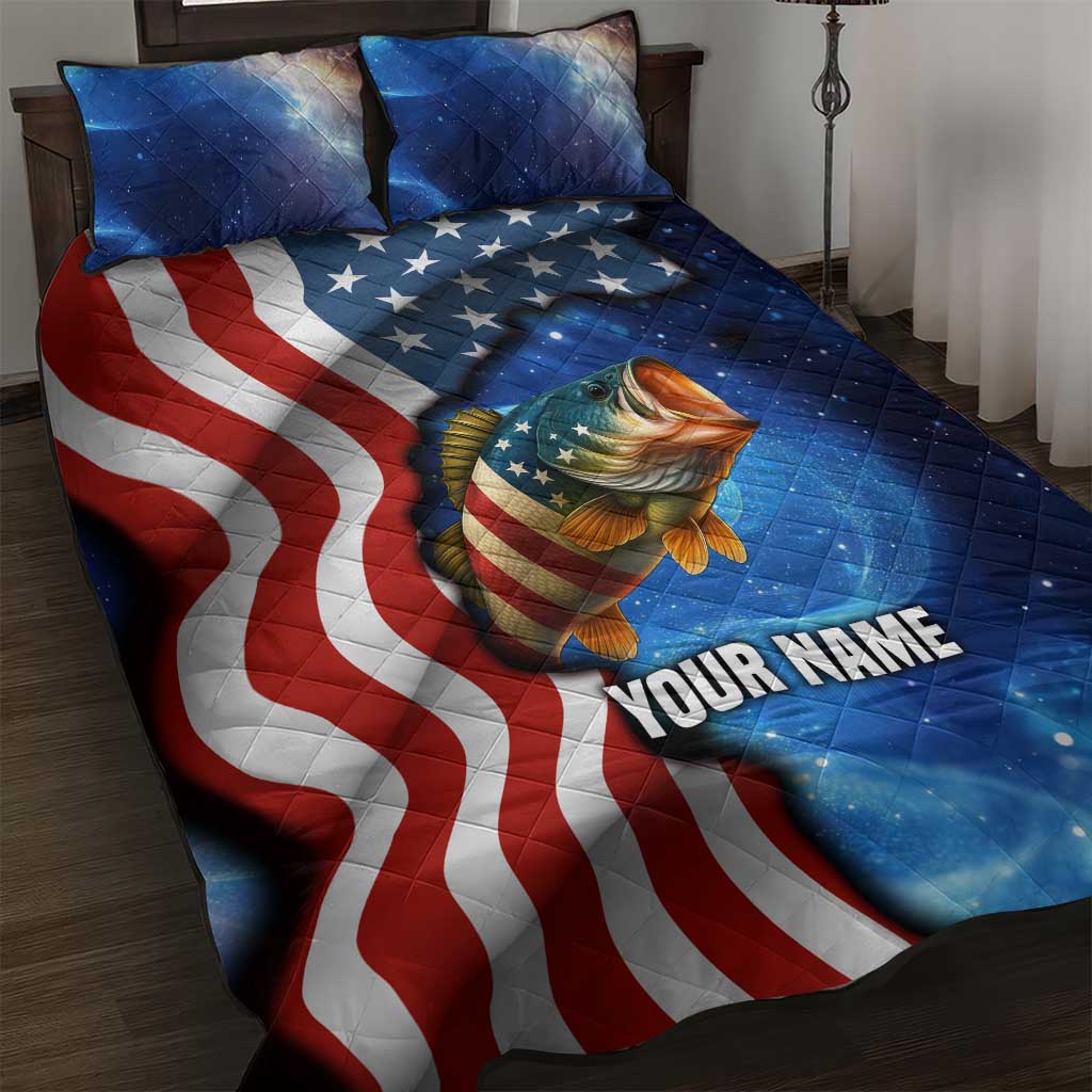 American Flag Bass Fishing Graphic Quilt Bed Set Patriotic Fish and Starry Galaxy Background - Wonder Print Shop