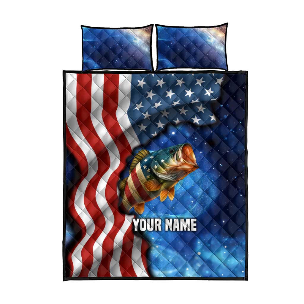 American Flag Bass Fishing Graphic Quilt Bed Set Patriotic Fish and Starry Galaxy Background - Wonder Print Shop