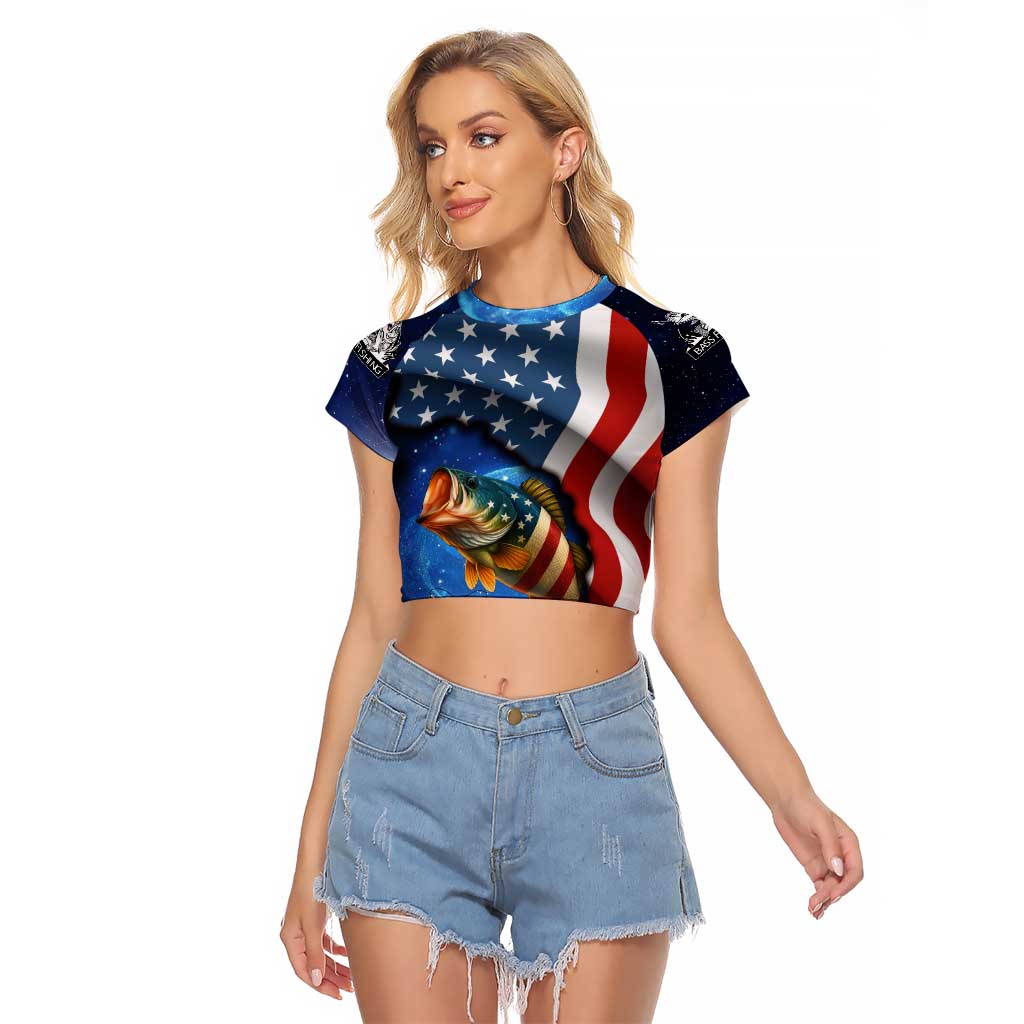 American Flag Bass Fishing Graphic Raglan Cropped T Shirt Patriotic Fish and Starry Galaxy Background - Wonder Print Shop