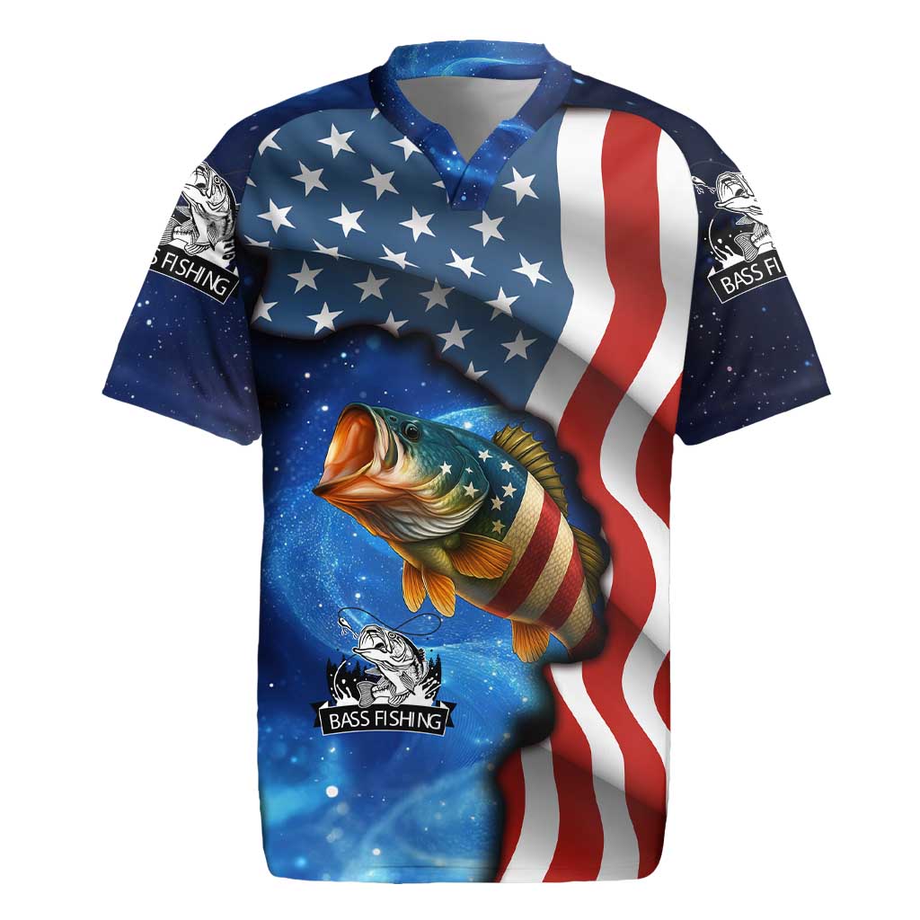 American Flag Bass Fishing Graphic Rugby Jersey Patriotic Fish and Starry Galaxy Background - Wonder Print Shop