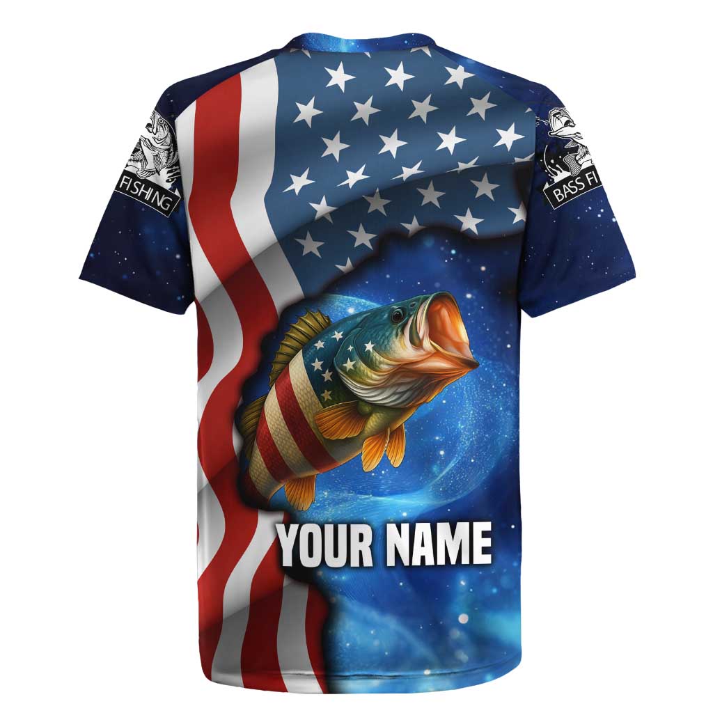 American Flag Bass Fishing Graphic Rugby Jersey Patriotic Fish and Starry Galaxy Background - Wonder Print Shop