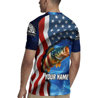 American Flag Bass Fishing Graphic Rugby Jersey Patriotic Fish and Starry Galaxy Background - Wonder Print Shop