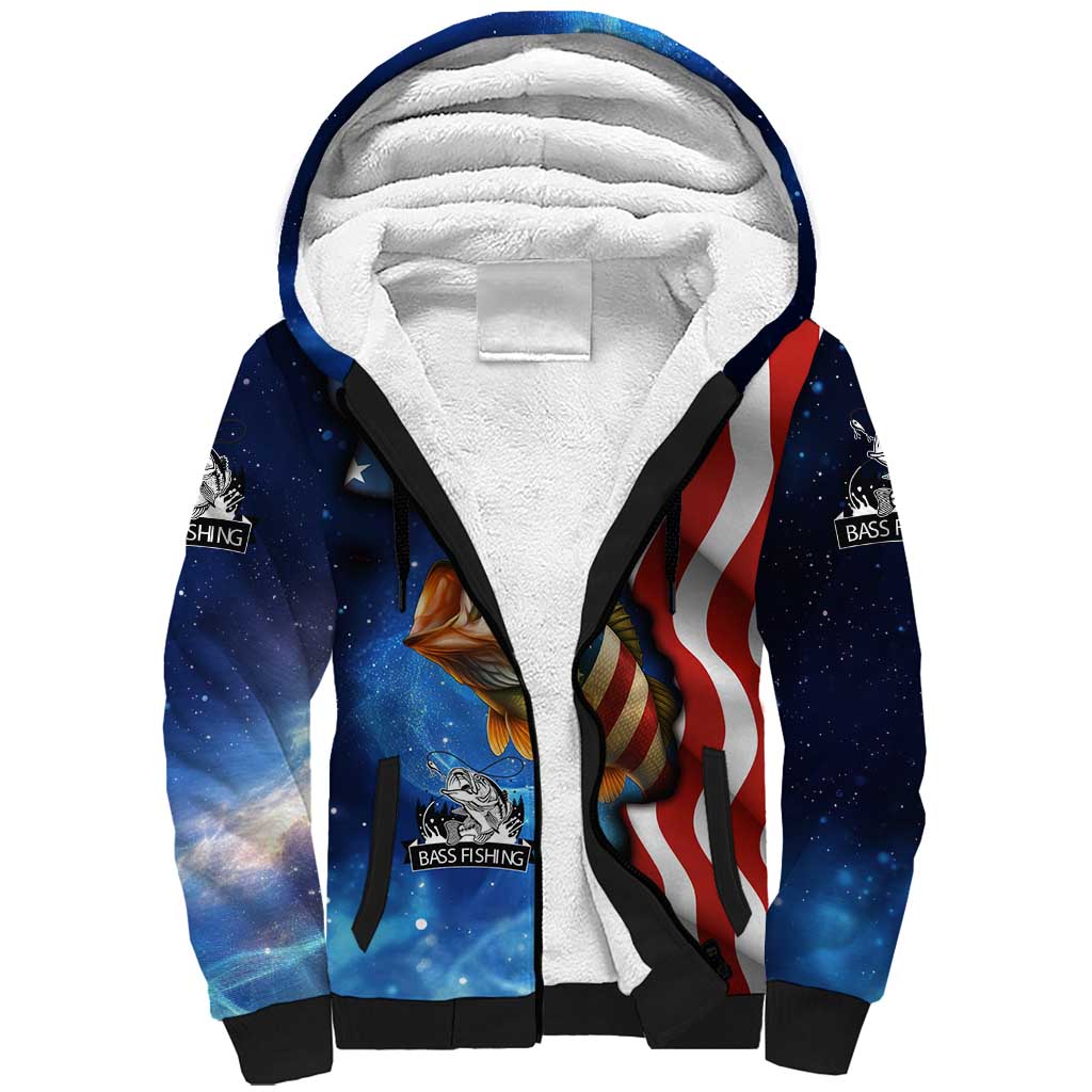 American Flag Bass Fishing Graphic Sherpa Hoodie Patriotic Fish and Starry Galaxy Background - Wonder Print Shop