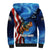 American Flag Bass Fishing Graphic Sherpa Hoodie Patriotic Fish and Starry Galaxy Background - Wonder Print Shop