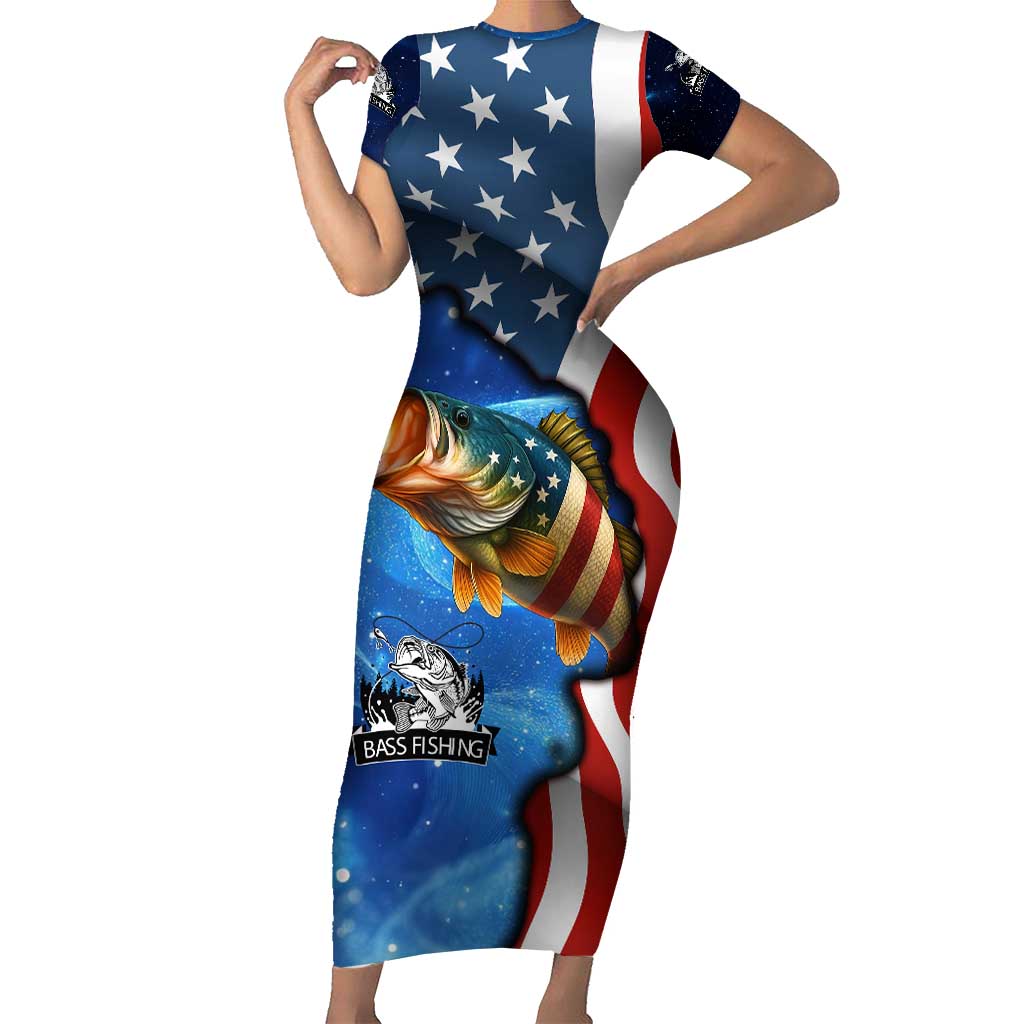 American Flag Bass Fishing Graphic Short Sleeve Bodycon Dress Patriotic Fish and Starry Galaxy Background - Wonder Print Shop