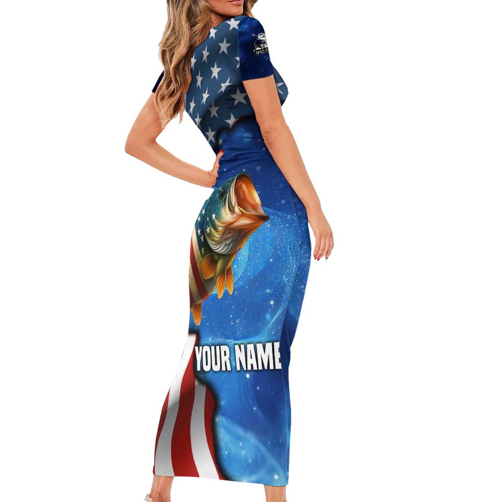 American Flag Bass Fishing Graphic Short Sleeve Bodycon Dress Patriotic Fish and Starry Galaxy Background - Wonder Print Shop