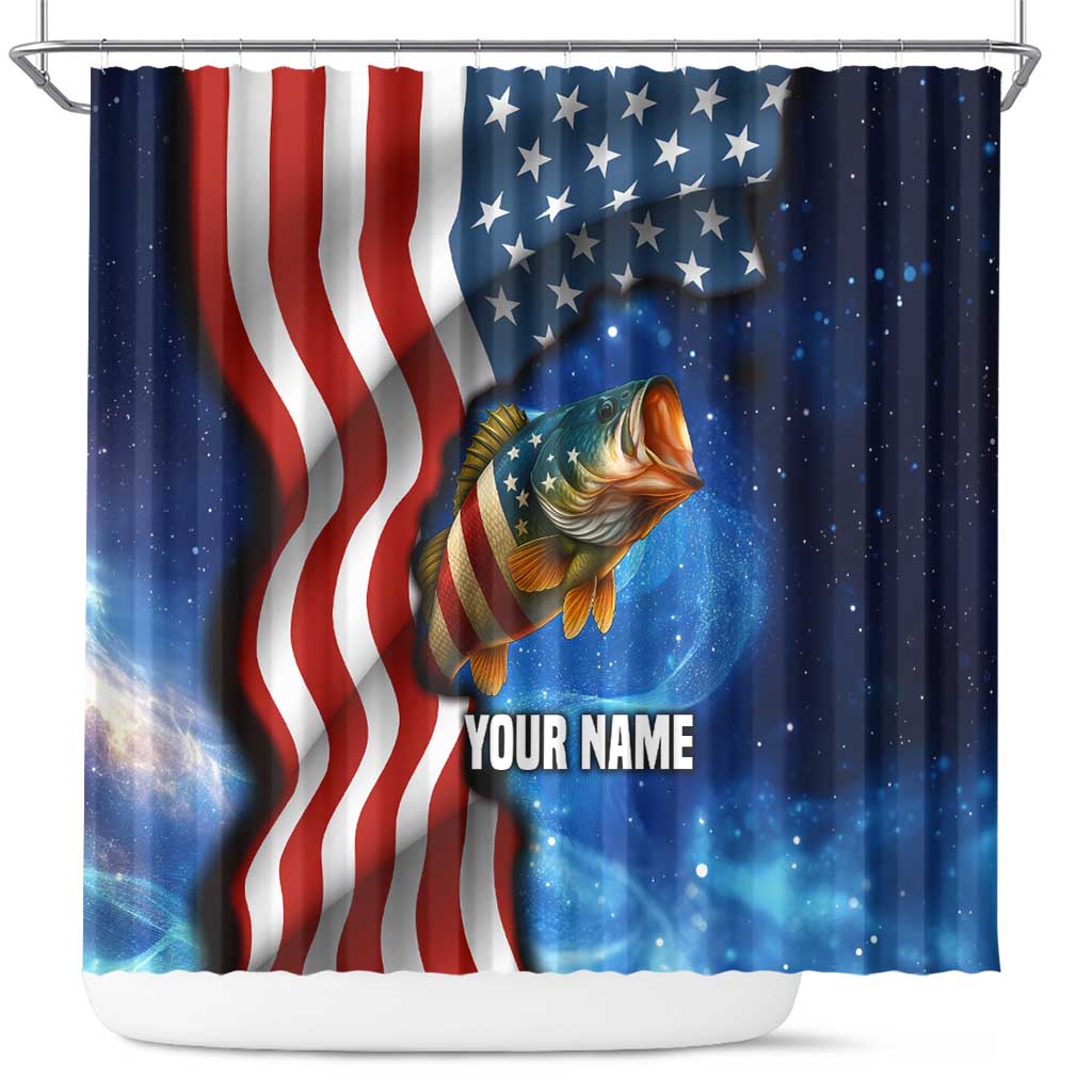 American Flag Bass Fishing Graphic Shower Curtain Patriotic Fish and Starry Galaxy Background - Wonder Print Shop